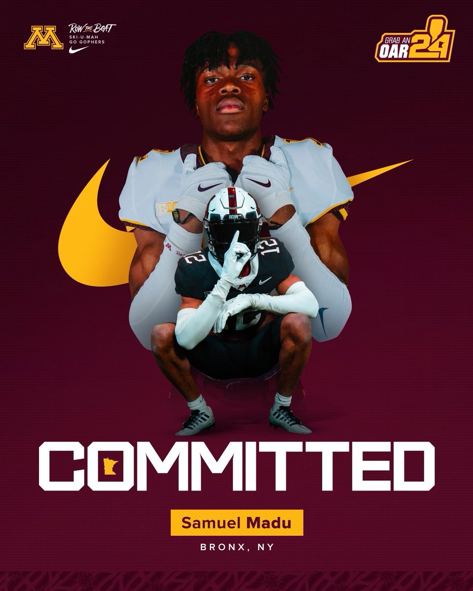 Get to Know: Samuel Madu CB Samuel Madu is a ⭐⭐⭐ prospect in NYS per @Rivals, ranked #8 overall recruit in NY. He played at Archbishop Stepinac HS & has committed to the Minnesota Golden Gophers!! The PLAYMAKER measures 6'1 168 lbs! #NYmade Give him a Follow: @SamuelMadu33