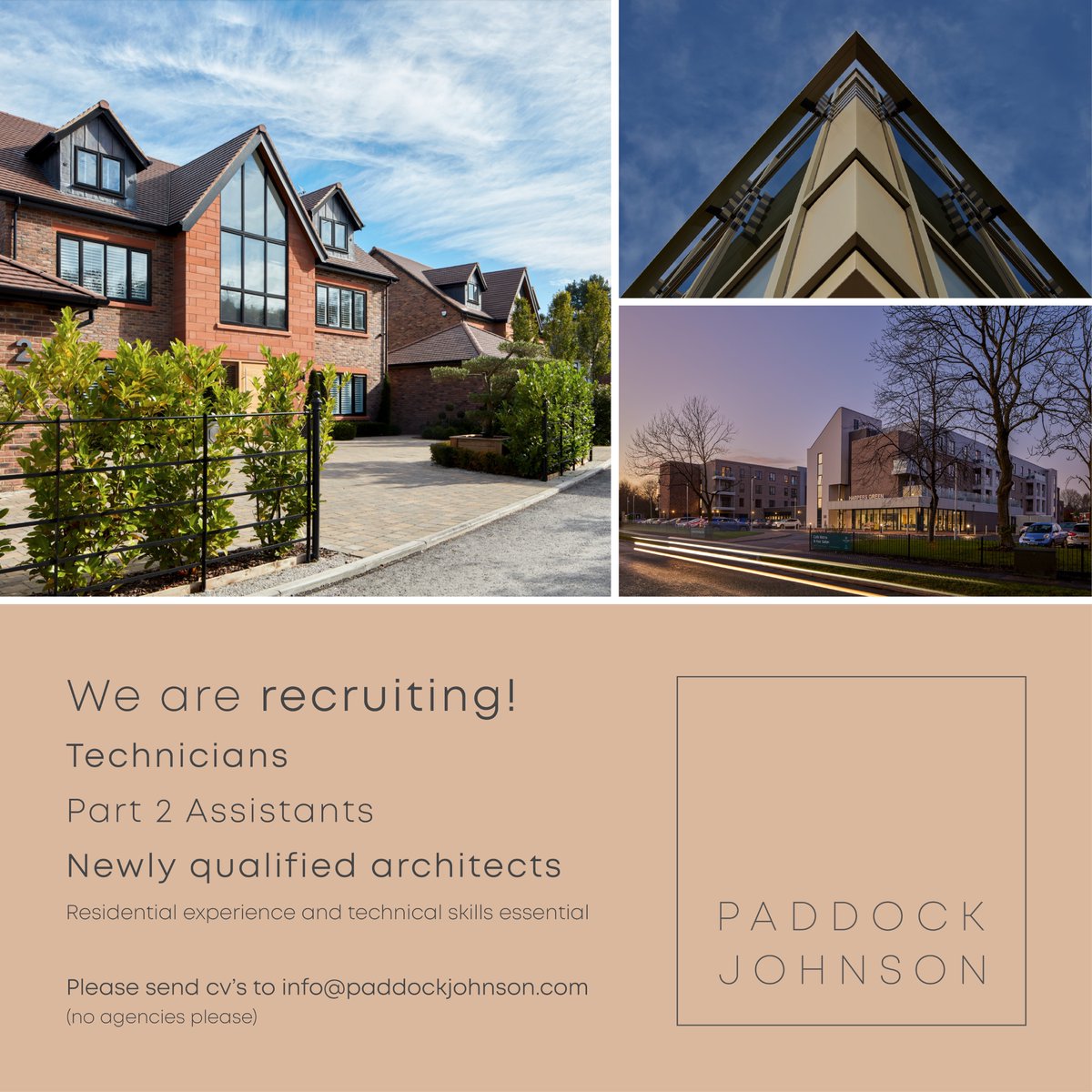 Paddock Johnson (@paddockjohnson) on Twitter photo We are recruiting! We are looking for multiple positions: Technicians, Part 2 Assistants, Newly qualified architects. Residential experience & technical skills are essential. Send your cv to info@paddockjohnson.com (no agencies please). paddockjohnson.com We are recruiting! We are looking for multiple positions: Technicians, Part 2 Assistants, Newly qualified architects. Residential experience & technical skills are essential. Send your cv to info@paddockjohnson.com (no agencies please). paddockjohnson.com