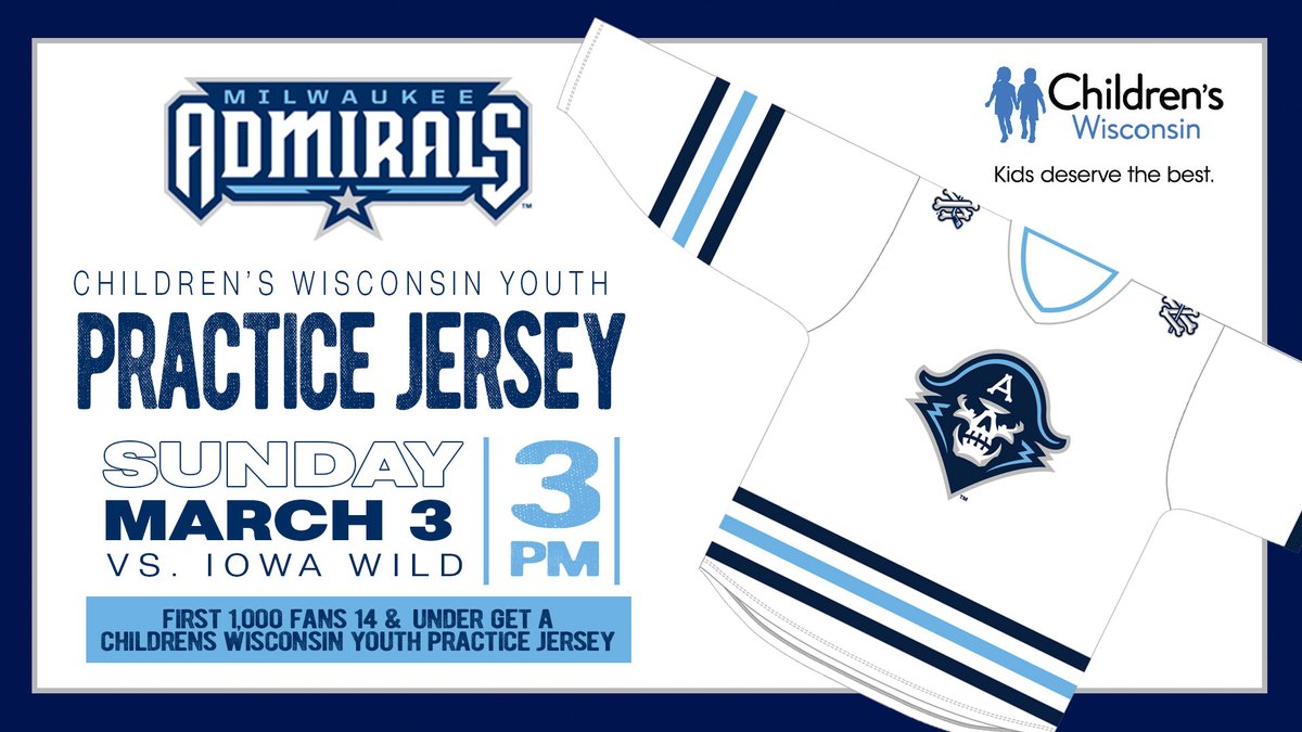 March 3 is our Annual Charity Game, with $3 from every ticket purchased getting donated right to @childrenswi AND it's also our Youth Practice Jersey Giveaway! First 1,000 kids 14 & under get an Admirals Youth Jersey, thanks to Children's WI! 🎟️: bit.ly/3HXodCC