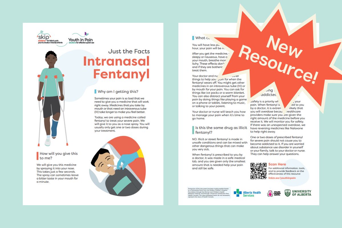 🚨NEW Resource Alert🚨 Just the Facts: Intranasal Fentanyl, contains information on how Intranasal Fentanyl is used to help children's pain management during hospitalization. Find it here: kidsinpain.ca/youth-in-pain/… #ItDoesntHaveToHurt