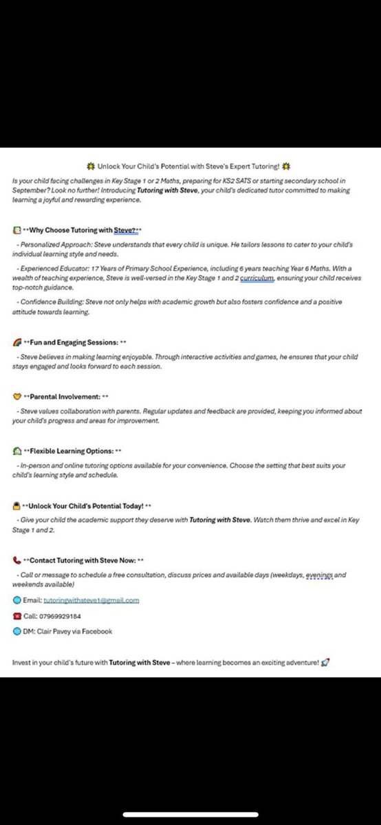 paveysteve's tweet image. Tutoring with Steve is up and running, a few children already booked in and a few more enquiries today! Life after teaching starts now. 
So, if your child is struggling with KS1 or KS2 Maths and needs that extra bit of support, please contact me! #tutoringwithsteve