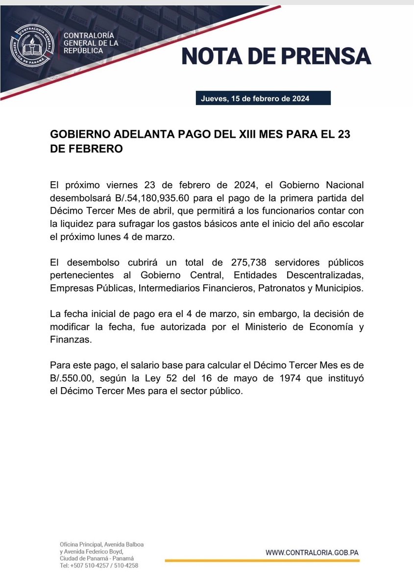 Gobierno adelanta pago del XIII mes para el 23 de febrero. #ContraloríaPanamá #NuestroCompromisoEsPanamá