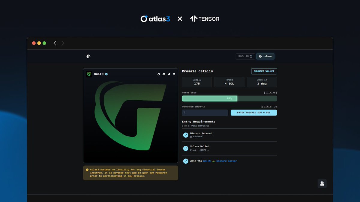 BlocksmithLabs's tweet photo. The @tensor_hq x Atlas3 Presale system is looking hot 🔥

🙌🏻Experience the ultimate Presale system for creators and users in web3. 

Happy to announce that we're powering the Presale process for @GolfNApp. 🤝 https://t.co/vOhLnJtlvk
