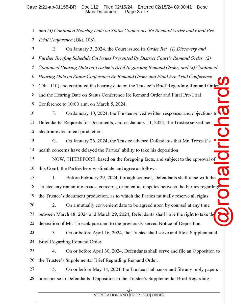 RonaldRichards's tweet photo. Update: 🚨 We were right, it was #4. Erika has bought herself a delay until May of 2024 now. Here is a new stipulation that was just filed. There are discovery issues and health issues re: Trustee witness and documents Erika wants. Incredible! New schedule below. #DelayedTruth https://t.co/GZzJGrUd3H