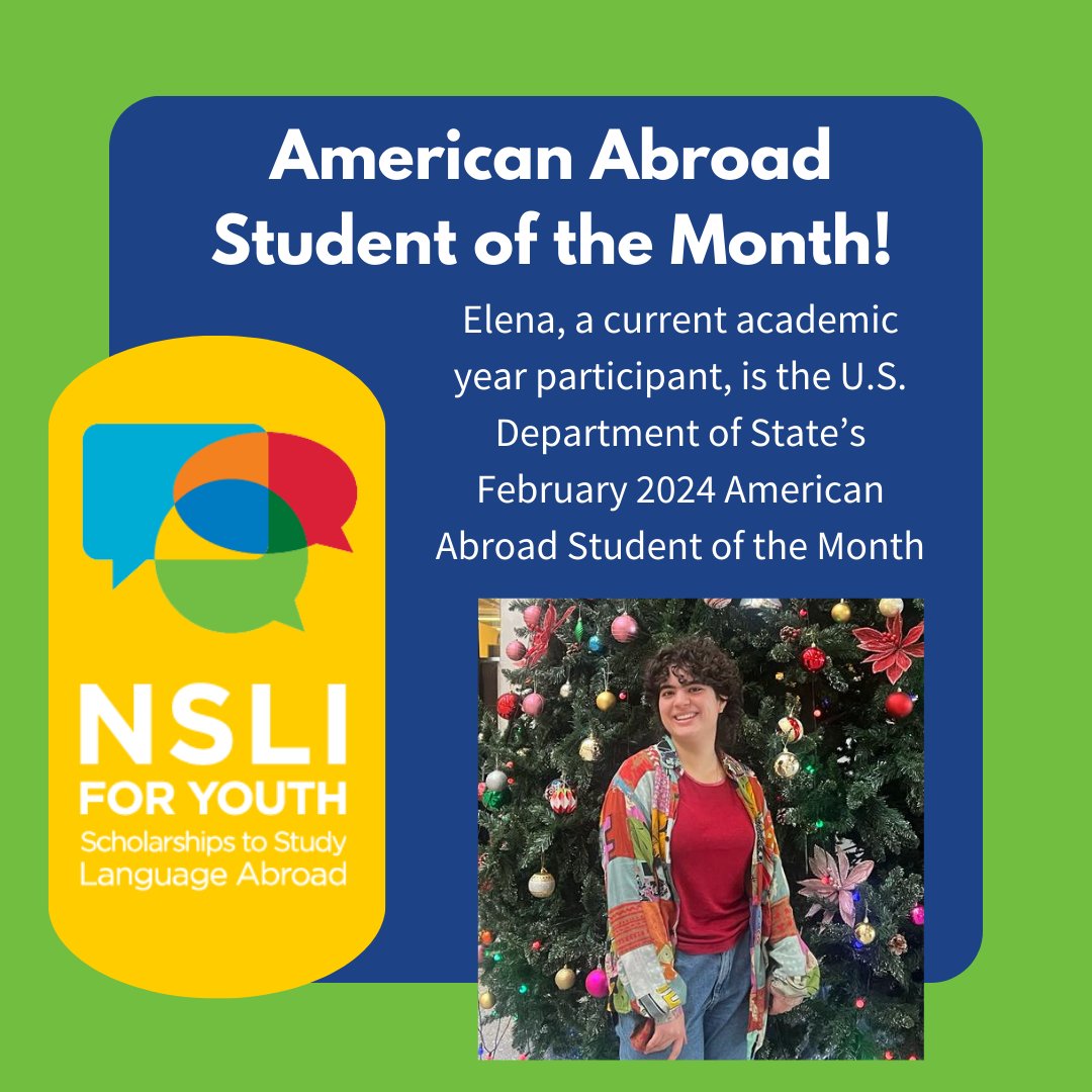 NSLI-Y is proud to announce that current AY participant, Elena, is the U.S. Department of State’s American Abroad Student of the Month! Elena is currently in Kyrgyzstan studying Russian. Please join us in celebrating Elena's accomplishment! #nsliy #ExchangeOurWorldd #aasom