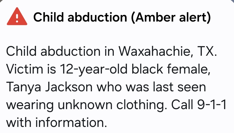 #AmberAlert
#WaxahachieTx
#TanyaJackson
ONGOING:
Waxahachie, Tx is south of the Dallas Metropolitan Area. Please be on the lookout for Tanya Jackson!