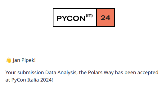 My workshop proposal has been accepted to PyCon Italia 2024. Can't wait to see you in Florence and do some @DataPolars coding!  @pyconit