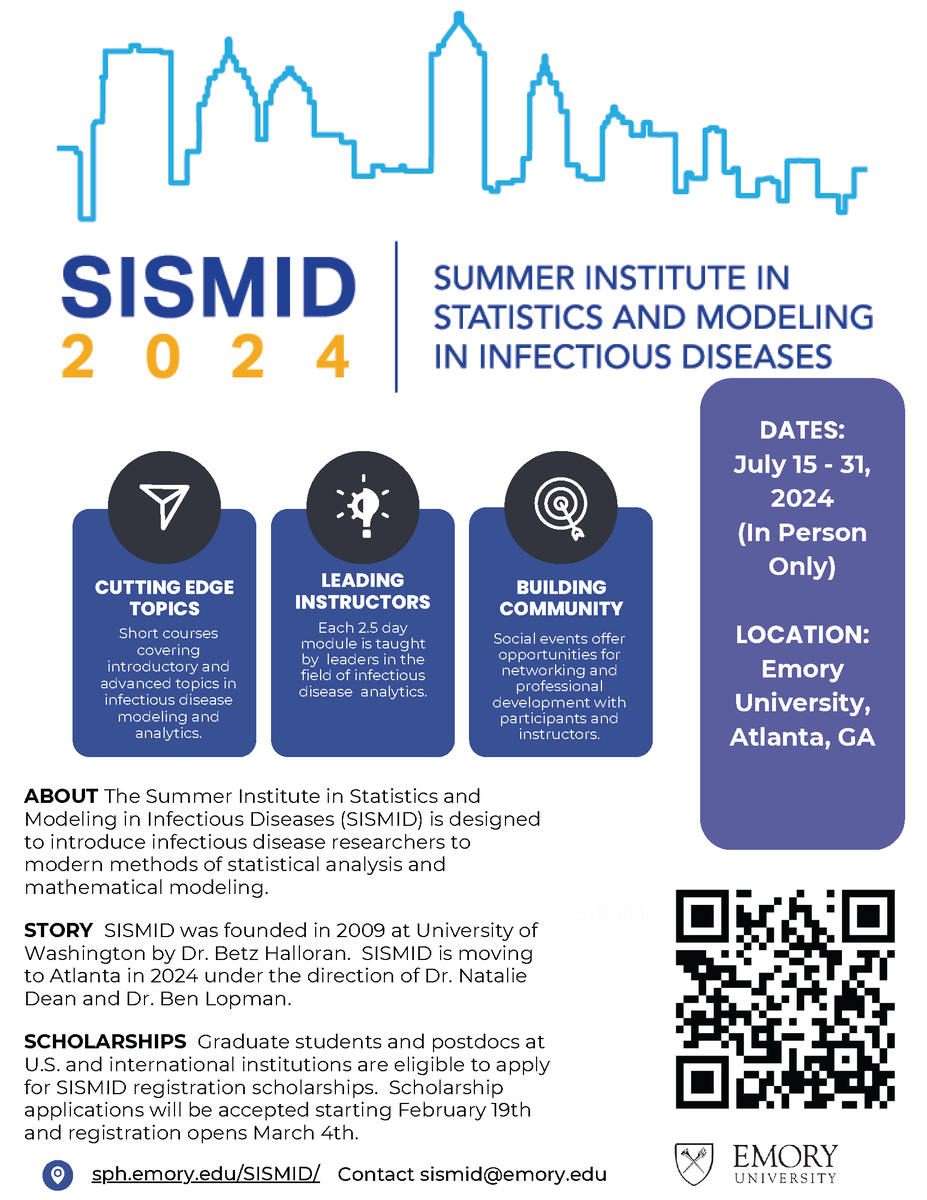 SISMID 2024 will be held in person at Emory University from July 15-31, 2024.
sph.emory.edu/SISMID/index.h…