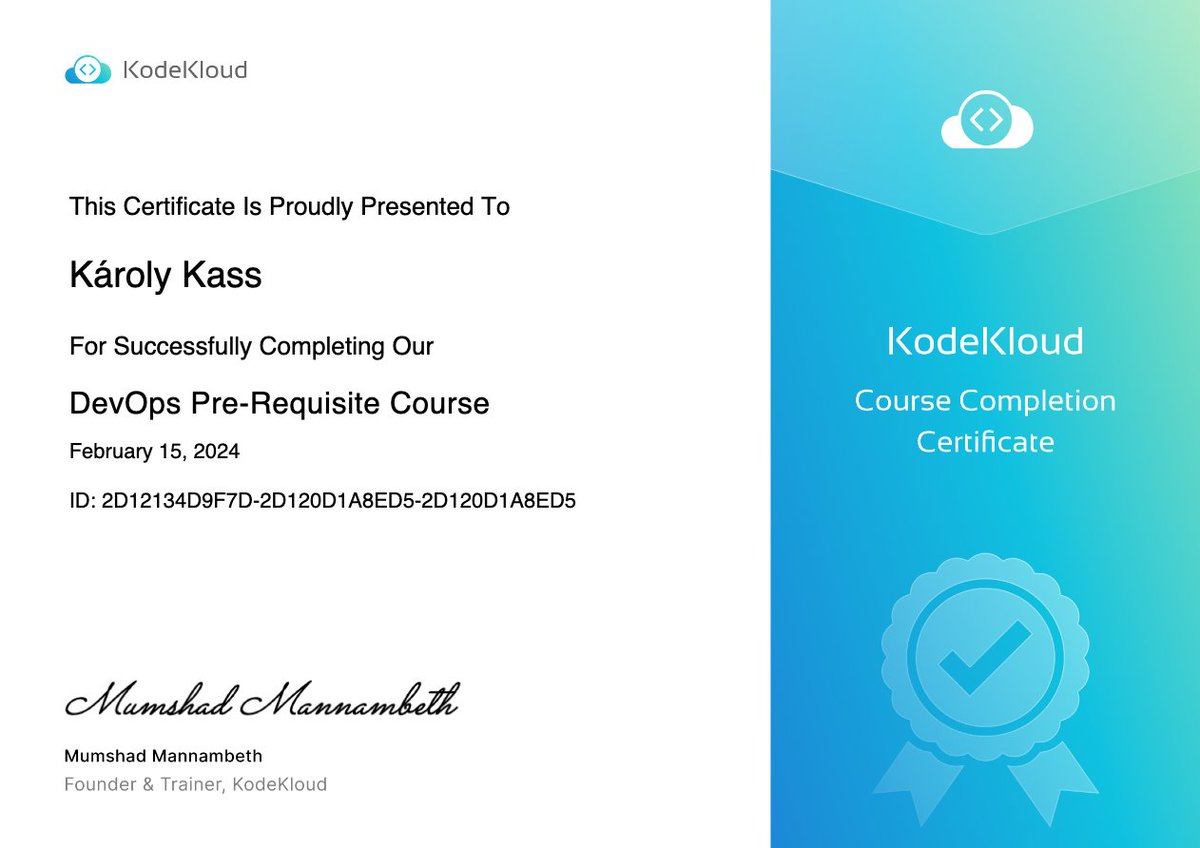 I have successfully completed: DevOps Pre-Requisite Course kodekloud.com/certificate-ve… #KodeKloud #KodeKloudCertificate #Certificate #learn #DevOps