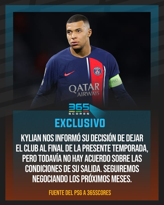 ATENCIÓN! Kylian Mbappé le comunicó al presidente de PSG 🇫🇷, Nasser Al-Khelaïfi, que dejará el club como agente libre en junio.