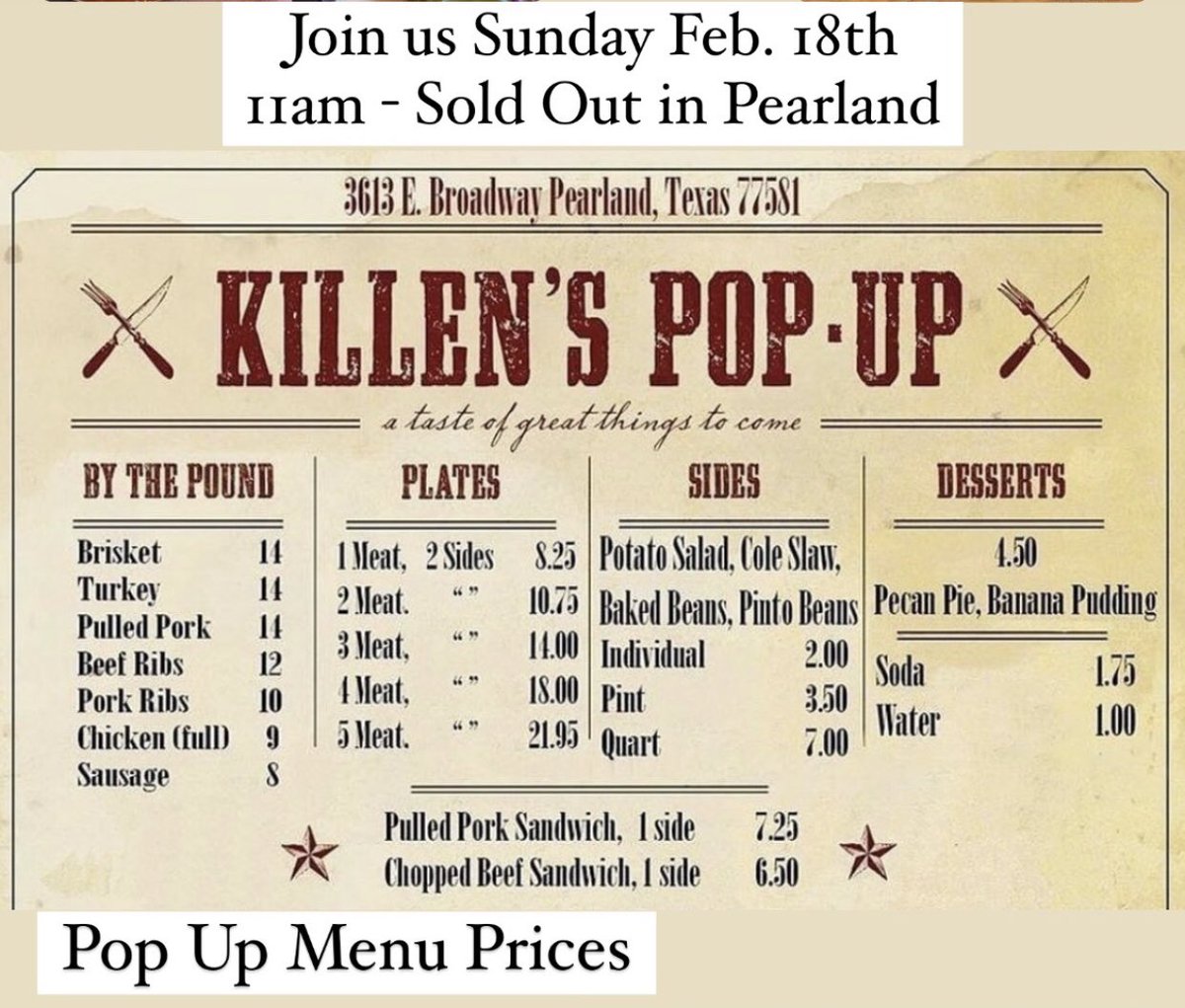 @BBQsnob @killensbbq prices for this weekend in Pearland 🤠