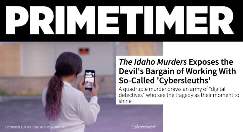 SeeItNowdocs's tweet photo. @primetimercom reviews #CyberSleuths, our newest docu-series that spotlights the gruesome crime at the University of Idaho which “draws an army of ‘digital detectives’ who see the tragedy as their moment to shine.”
Stream now on @paramountplus .

https://t.co/icUpnPwgRk https://t.co/S3iVshMNfu