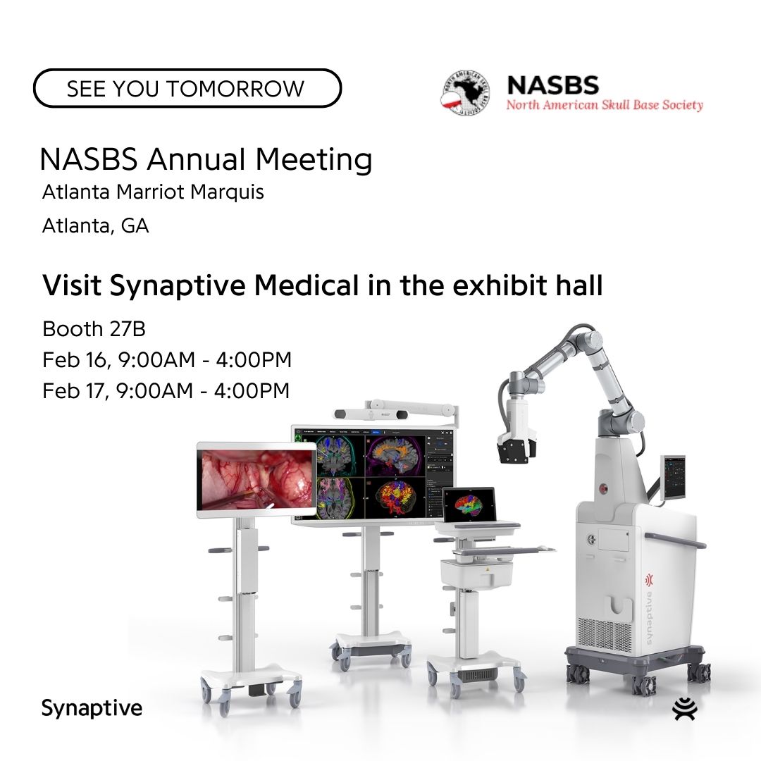 SynaptiveMed's tweet photo. Come visit #SynaptiveMedical at the #NASBS2024 annual meeting.
Find us at booth 27B to experience our technology hands on, and learn more about our integrated suite including our #roboticexoscope #ModusX, our neuro navigation software and our head only 0.5T MRI. https://t.co/l3XVVNtYab
