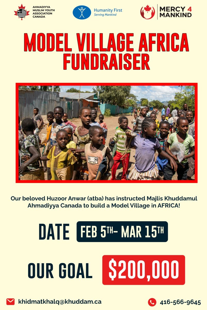 Ahmadiyya Muslim Youth Association aims to raise $200,000 for the construction of a Model Village in Africa under the banner of #Mercy4Mankind The Model Village Project aims to improve living standards, foster economic growth, and achieve self-sustainability by using renewable…