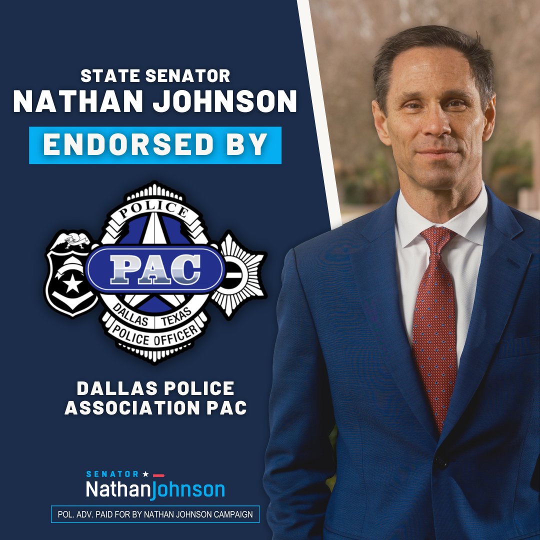 NathanForTexas's tweet photo. Honored to receive the endorsement of the Dallas Police Association for my campaign for re-election to the Texas Senate.
#TeamJohnson #SD16 #EndorsementAlert #NathanForTexas https://t.co/0gr0x45j3t