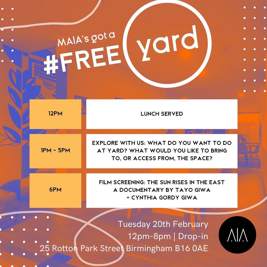 FREE YARD continues on Tues 20th, where we’re asking, are there particular things you want to bring, see or make happen at YARD? 💭 We’ll also be talking about community infrastructure + spaces in Brum, and at 6pm screening THE SUN RISES IN THE EAST ☀️ Drop in anytime 12-8pm ❤️