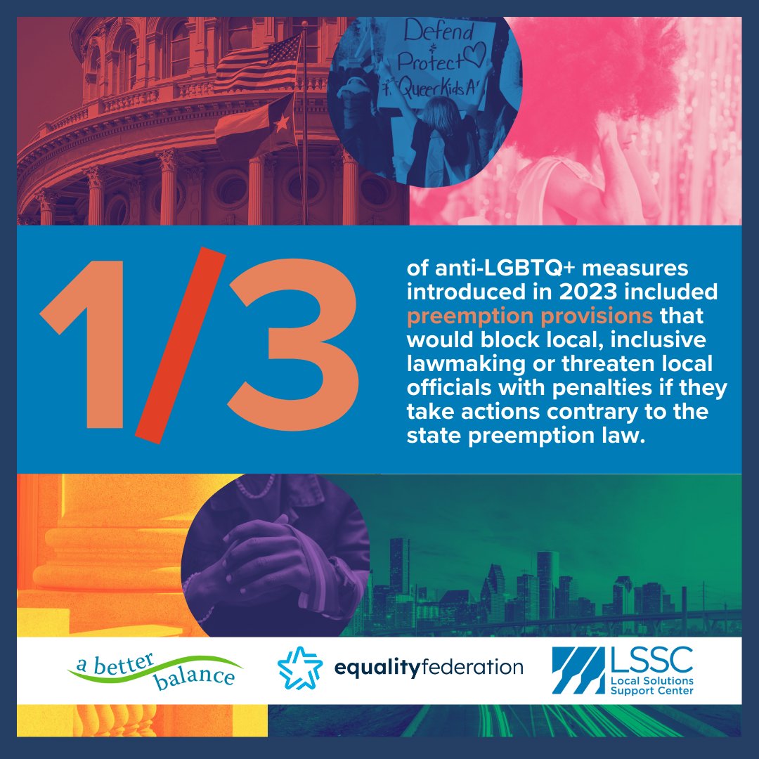 A new white paper from @ABetterBalance, @The_LSSC, and @EqualityFed traces the local roots of LGBTQ+ equality, highlights types of abusive preemption that target local authority to protect LGBTQ+ equality – and shares tactics to resist: supportdemocracy.org/lgbtqpaper #PreemptingProgress