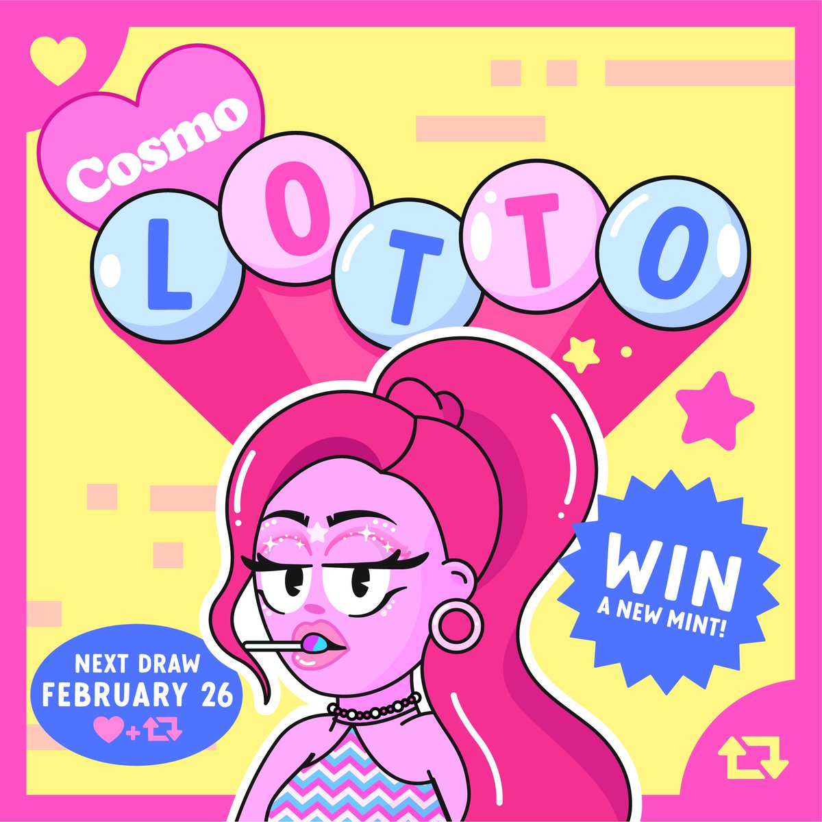 Heyyy cosmic babes! 💖 February's CosmoLotto is LIVE!
⭐️ Win a newly minted CosmoPolly! 
📷 Open to everyone - good luck! 
-- 
➡️ Like &amp; RT
🗓Ends: February 26th @ 12pm PST