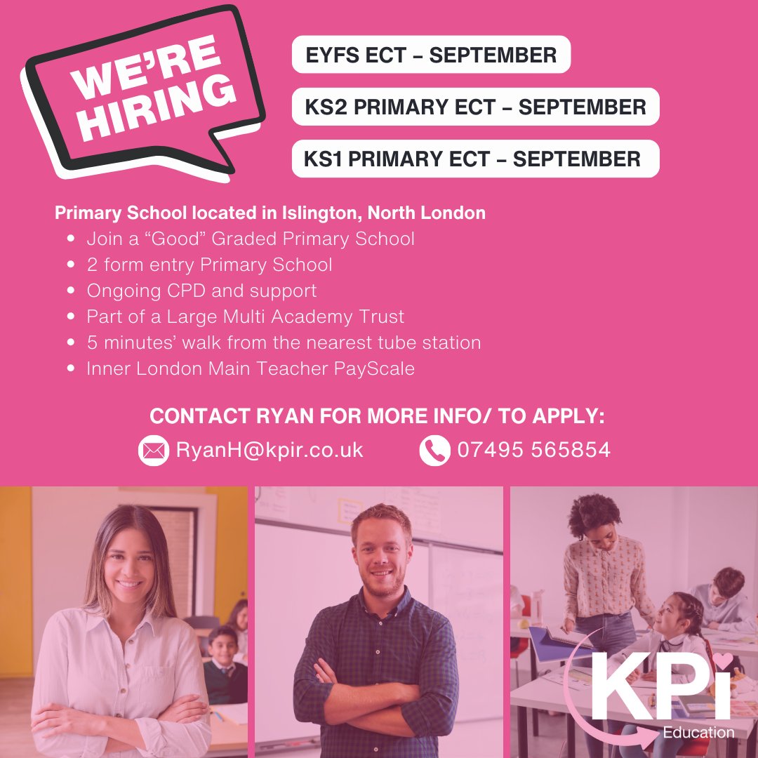👩🏻‍🏫Teaching Roles in #Islington, #NorthLondon

Call 07495 565854 or email RyanH@kpir.co.uk to apply.

Visit bit.ly/KPIEduJob to find these jobs & MORE!

#LondonJobs #TeachingJobs #EducationJobs #Teachers #SecondarySchoolTeaching #JobSearch #KPIRecruiting