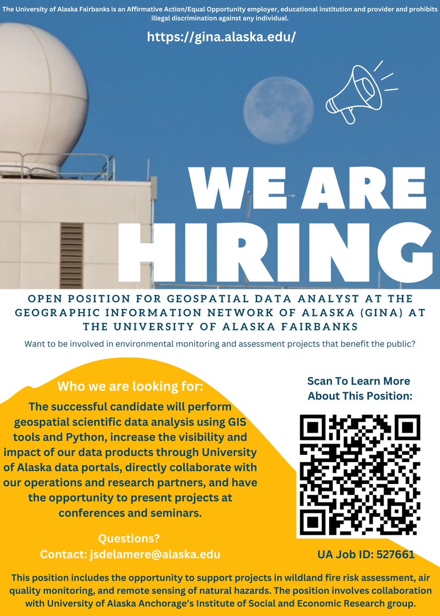 Want to live and work in Alaska? Have a passion for Environmental Monitoring, Coding, and GIS? Want to work on projects that directly benefit Alaskans? If you answered yes, Apply to work at GINA, the Geographic Information Network of Alaska, as a Geospatial Data Analyst!