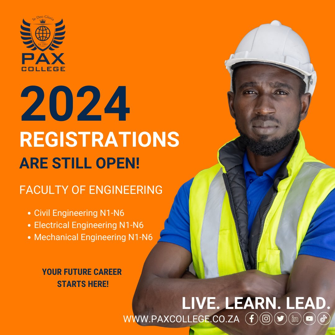 PaxCollege_'s tweet photo. Registrations are still open - but we have limited spaces available! Interested in studying the National Diploma Civil, Electrical or Mechanical Engineering N1-N6?  #education #business #students #registrations #matriculants #live #learn #lead https://t.co/esBjfwdPwQ