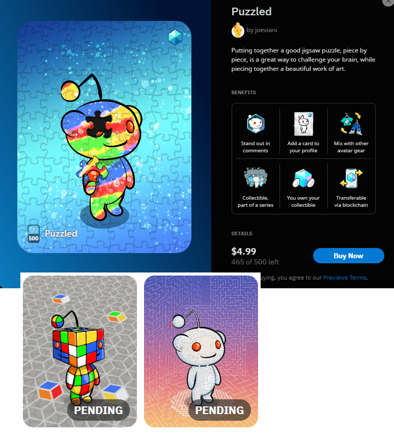 #Reddit Collectible Avatars!
Excited with first 48 hours for my first released avatar. 
First in my puzzles series. Next two will be coming soon. Same price, same quantity. Grab one now! Collect all three later. 

reddit.com/avatar/shop/pr…