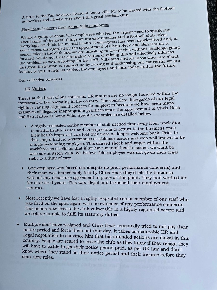 The photos today made by the Villa Staff page that has magically disappeared. (100% an internal scary email sent around threatening action) on the behaviour and actions of Chris Heck and Co. 

Their voices must be heard. 

(I wouldn’t repost this if it was a “rumour”)