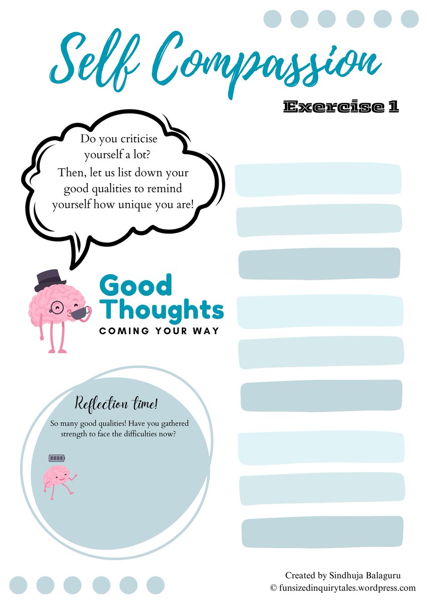 SindhujBalaguru's tweet photo. We often teach children to be kind to others. Do we teach them to be kind to themselves? What should they tell themselves when they feel sad or miserable? Here are few interactive worksheets that nurtures their self-compassion! Download PDF from link below
https://t.co/XqakdY5QxG https://t.co/1tQZ31igN3