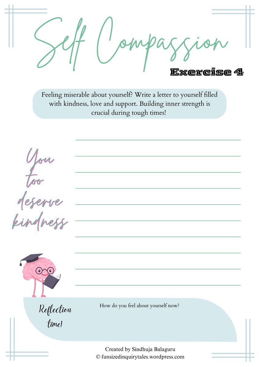 SindhujBalaguru's tweet photo. We often teach children to be kind to others. Do we teach them to be kind to themselves? What should they tell themselves when they feel sad or miserable? Here are few interactive worksheets that nurtures their self-compassion! Download PDF from link below
https://t.co/XqakdY5QxG https://t.co/1tQZ31igN3