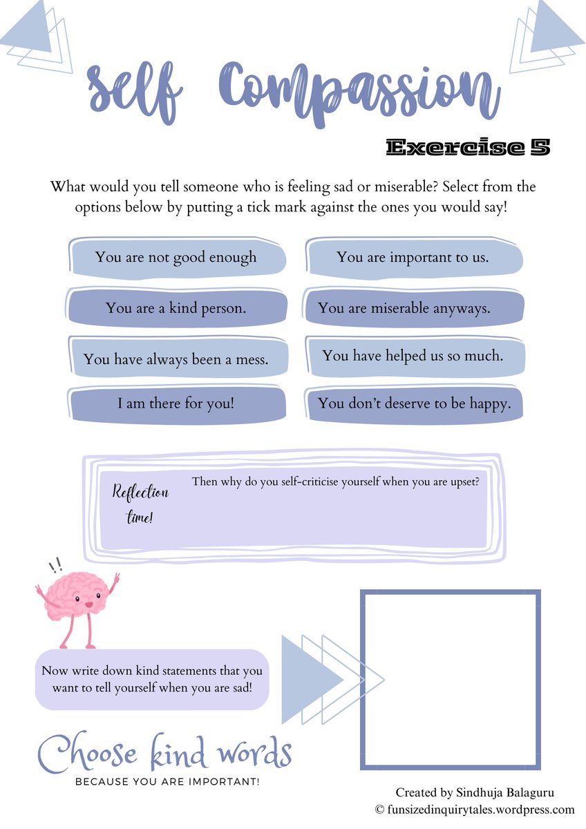 SindhujBalaguru's tweet photo. We often teach children to be kind to others. Do we teach them to be kind to themselves? What should they tell themselves when they feel sad or miserable? Here are few interactive worksheets that nurtures their self-compassion! Download PDF from link below
https://t.co/XqakdY5QxG https://t.co/1tQZ31igN3