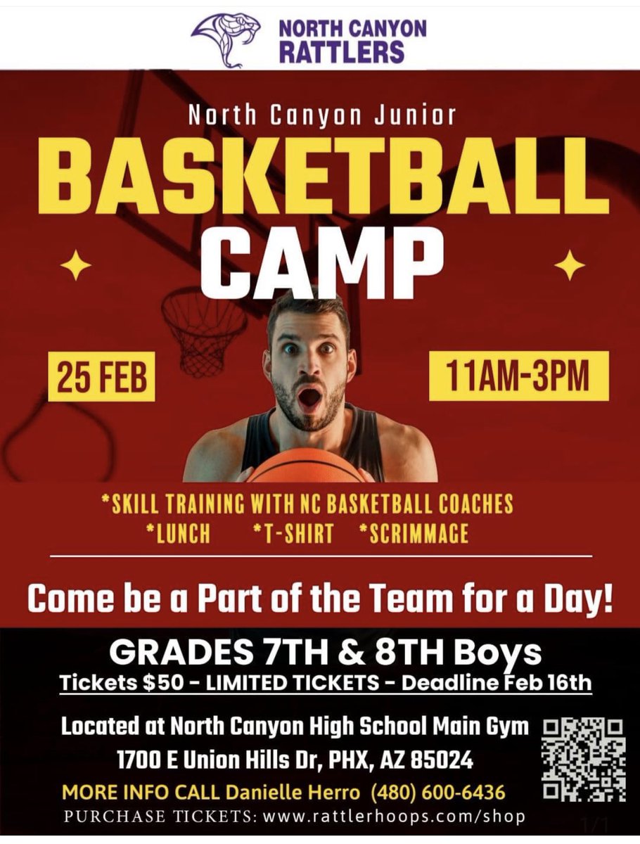 Does your Son love basketball?? Calling all 7th and 8th grade ballers. Sign up for a 1 day Junior Rattler Camp at North Canyon High School on Feb 25th from 11-3pm. See what it's like to play high school basketball for the day with the North Canyon Coaches and Players.