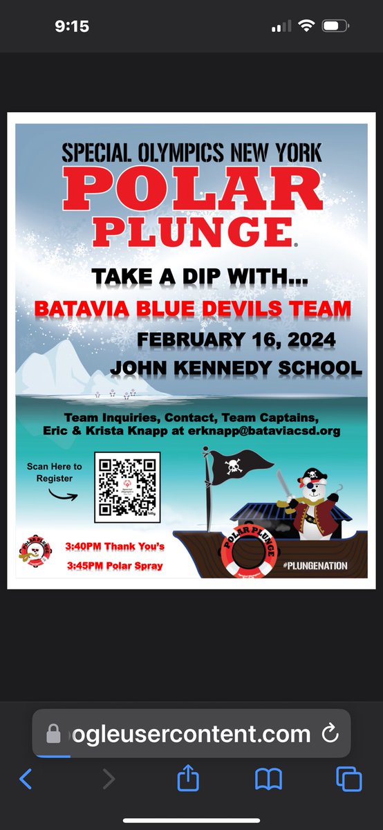 1 day left til <a href="/BataviaCSD/">Batavia City School District</a> school staff and 1st responders get #FreezinForAReason for <a href="/SpecOlympicsNY/">Special Olympics New York</a>. Scan the poster below to help us move up the leader board!!! <a href="/BataviaCSD/">Batavia City School District</a> <a href="/BataviaJK/">John Kennedy Intermediate</a> @JacksonPrimary <a href="/bataviabhs/">Batavia High School</a>