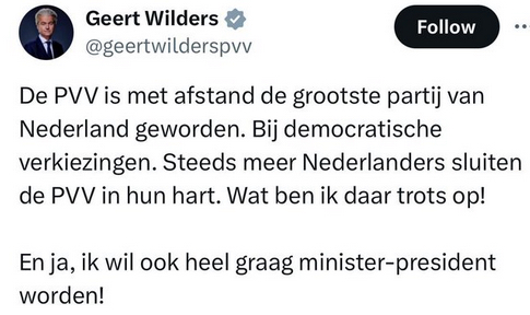 Preken voor eigen parochie - mag natuurlijk. #Wilders #PVV bedient achterban. Weet tevens dat er geen kabinet met hem als minister-president zal volgen. Daar ben ik dan weer trots op: 2/3 NL stemgerechtigden met mij. Een retweet kan geen kwaad.