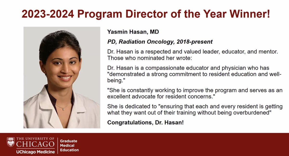 We could not be more proud that @yhasanUCradonc has been named UChicago Program Director of the Year! #GME #MedEd #RadOnc #Residency #Match @UChicagoGME