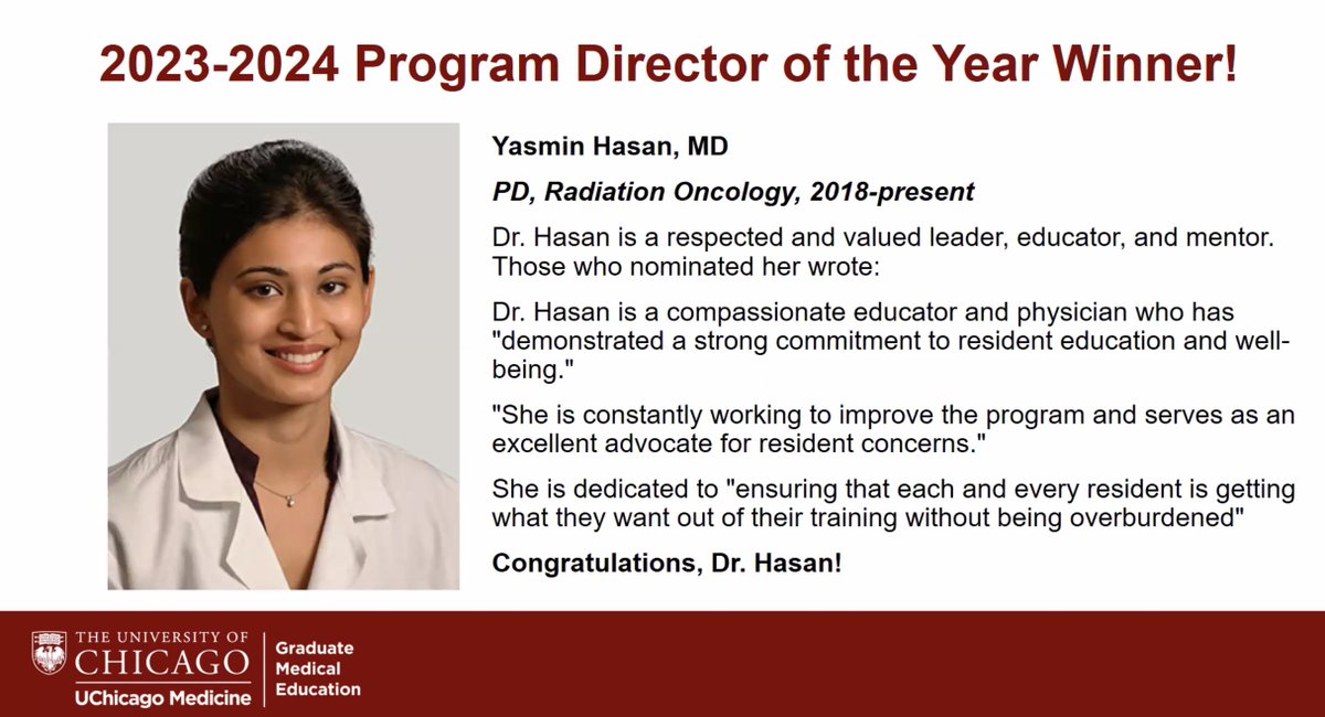 University of Chicago Radiation Oncology (@uchicagoradonc) on Twitter photo We could not be more proud that <a href="/yhasanUCradonc/">Yasmin Hasan</a> has been named UChicago Program Director of the Year! #GME #MedEd #RadOnc #Residency #Match <a href="/UChicagoGME/">UChicago GME</a> We could not be more proud that <a href="/yhasanUCradonc/">Yasmin Hasan</a> has been named UChicago Program Director of the Year! #GME #MedEd #RadOnc #Residency #Match <a href="/UChicagoGME/">UChicago GME</a>