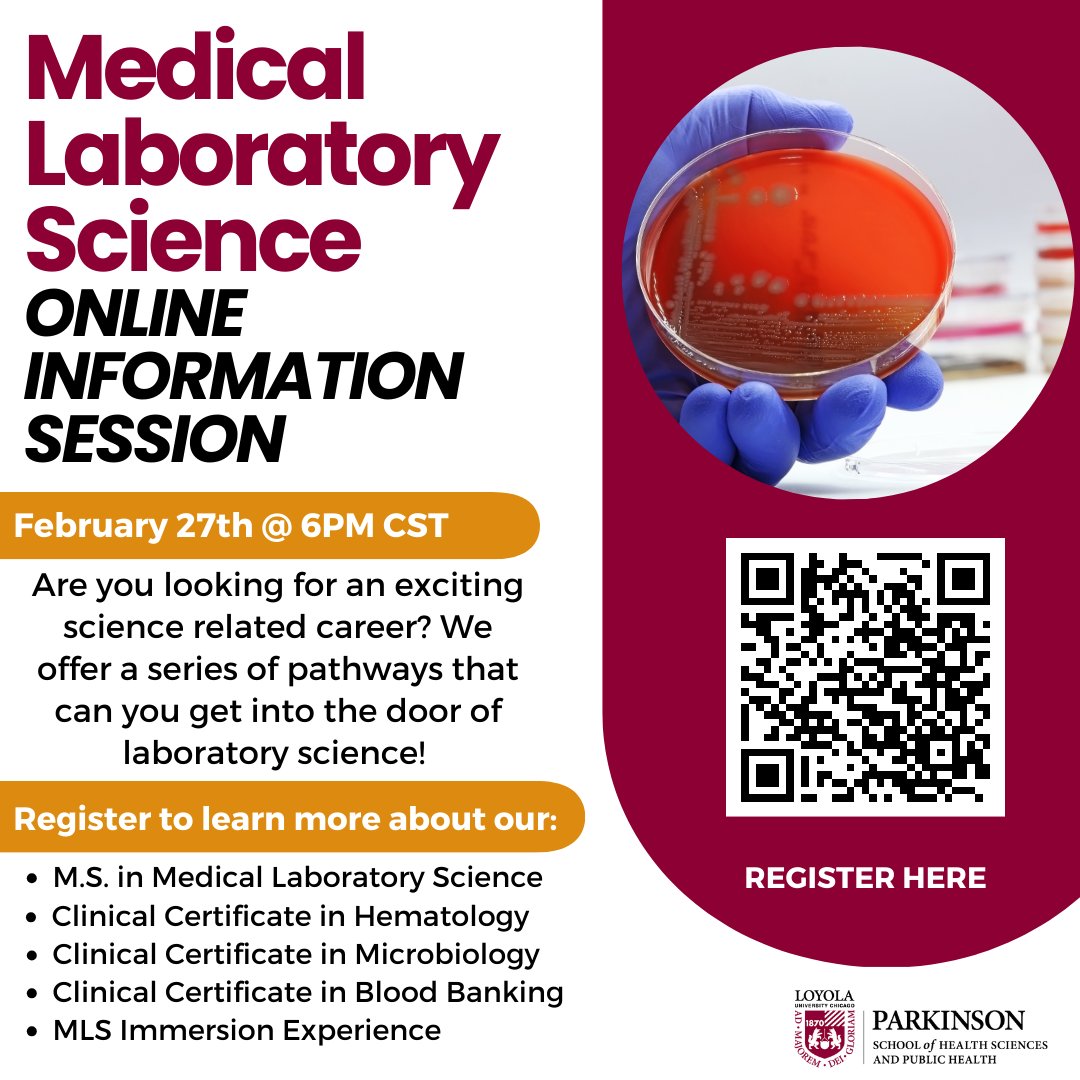 We're hosting an online information session about Medical Laboratory Science on February 27th at 6PM CST. Join us to learn more about what the field and our program has to offer! #MedicalLaboratoryScience #IamASCLS #Lab4life