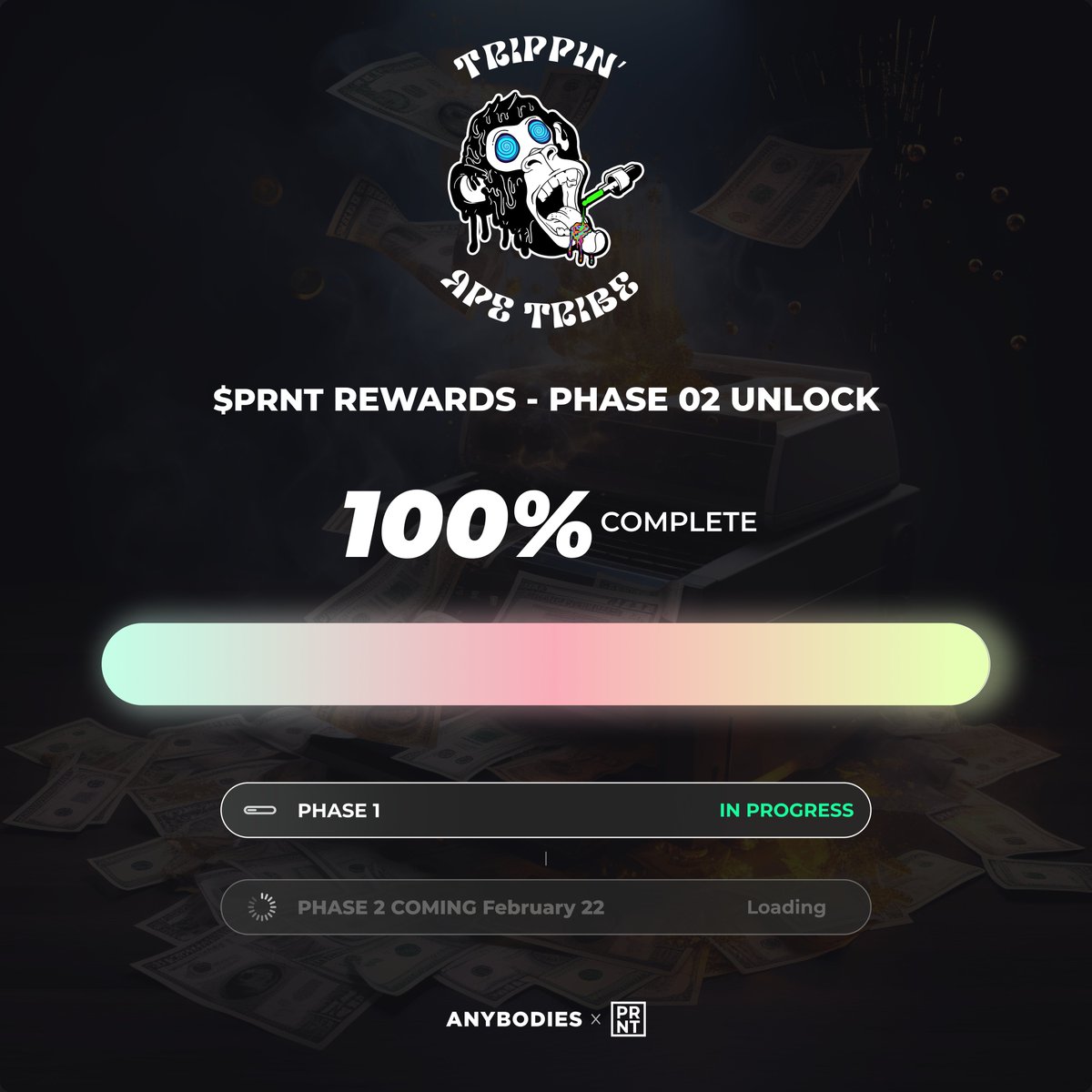 Stay alert <a href="/TrippinApeNFT/">Trippin’ Ape Tribe</a> 👀

At 500 total subscriptions, you’re in prime position to begin earning Phase 02 $PRNT rewards next week!