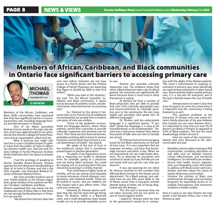 Nice to see this feature of Dr. Danielle Brown-Shreves <a href="/TOCaribNews/">Toronto Caribbean News</a> discussing how we can improve access to #primarycare for African, Caribbean &amp; Black communities

Read findings from the #OurCare roundtable done with <a href="/thebpao/">Black Physicians' Association of Ontario</a> <a href="/TAIBU_CHC/">TAIBU Community Health Centre</a> &amp; Durham CHC at
OurCare.ca/communityround…