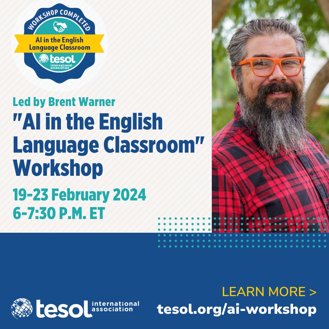 Register by Friday, 16 February for our new #TESOL workshop, led by Brent Warner! Join us online 19-23 February from 6-7:30 p.m. ET each day to learn how you can use #AI tools to boost student outcomes and save time at the teacher's desk. bit.ly/42IraAE
#ELT #TESL #TEFL