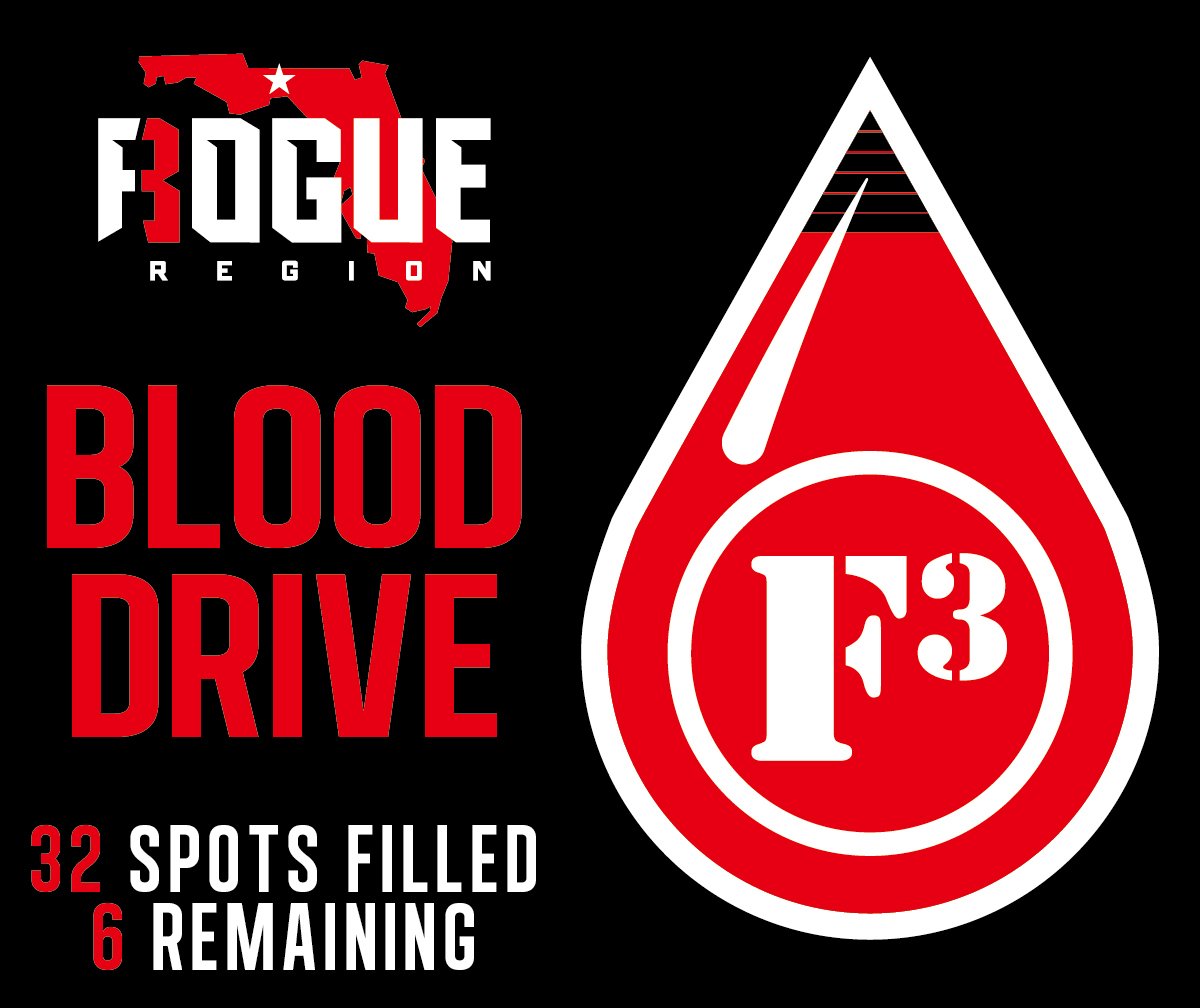 F3 blood drive is from 10-2 on Saturday February 17th, at the Red Cross building located at:
1115 Easterwood Drive, Tallahassee, FL 32311

Donors will get a 20 Amazon E-gift card for donating!