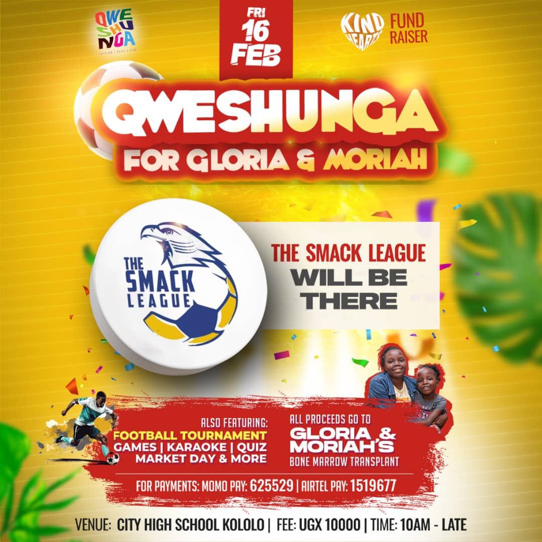 Guess what?? @TheSMACKLeague is joining us for the 5Aside football tourney at #Qweshunga this Friday! City High School, Kololo is surely the place to be tomorrow. ⚽️ Entrance is 10k (All proceeds go towards Gloria & Moriah’s surgery)