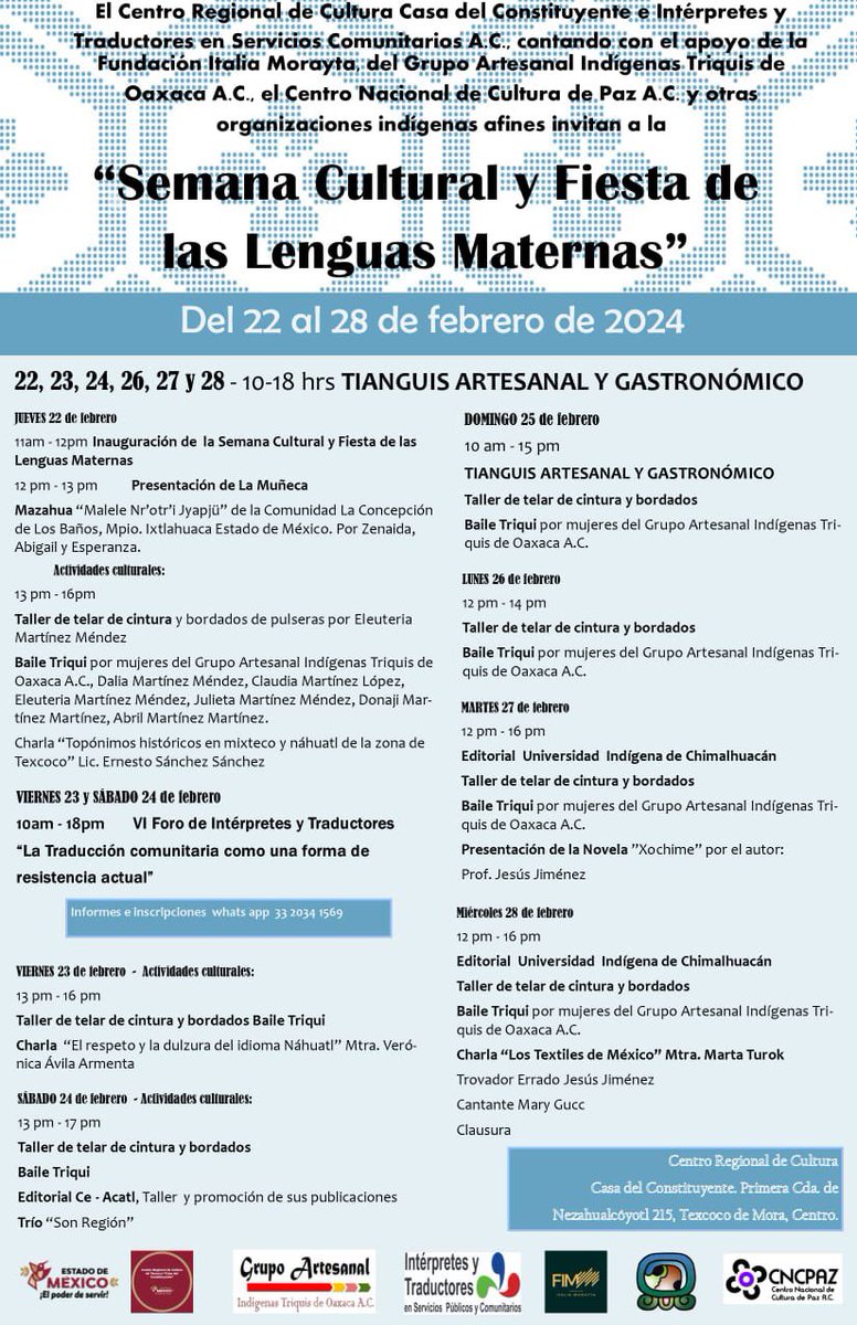 Comparto con emoción!! El calendario de actividades del VI Foro de Intérpretes y Traductores Comunitarios. La traducción comunitaria como una forma de resistencia actual. Favor de compartir! #PueblosYLenguasOriginarias #DerechosHumanos #FiestaDeLasLenguasMaternas