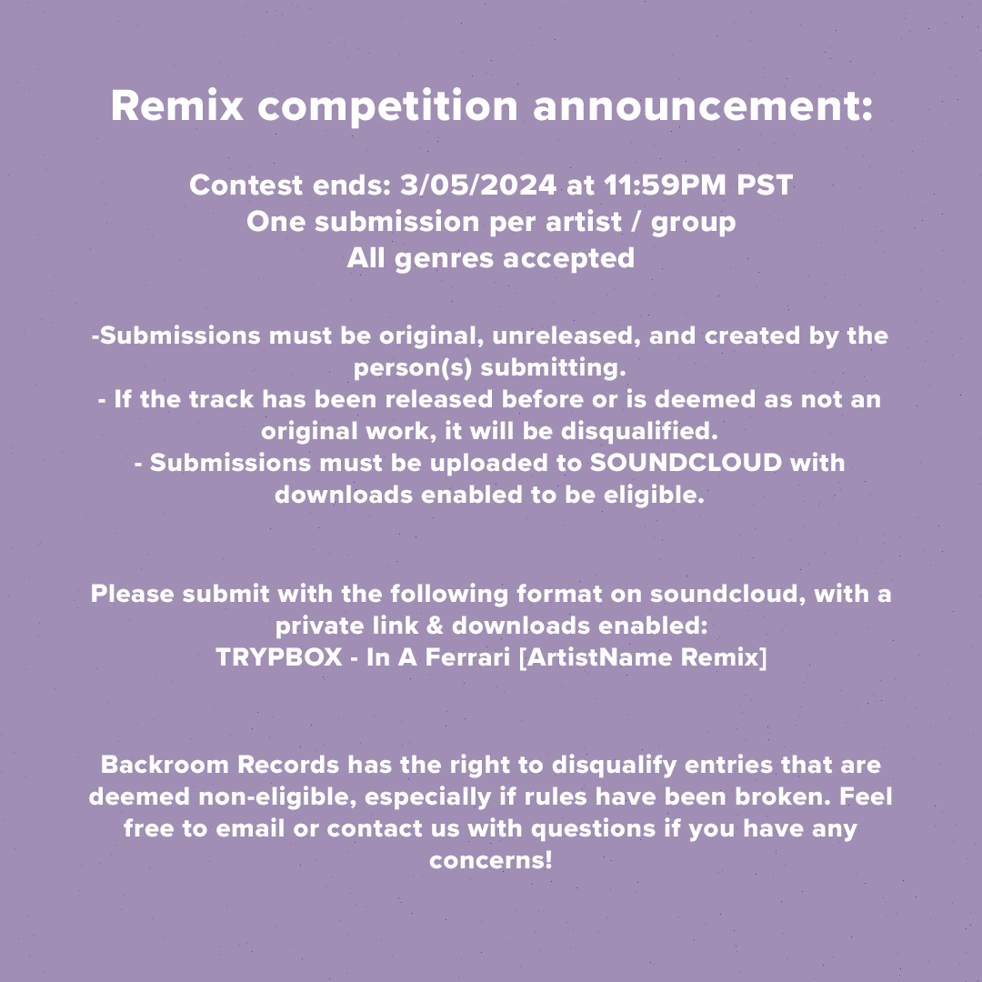 Backroomrecs's tweet photo. We are excited to announce that the "In A Ferrari" remix competition hosted by @Trypbox &amp; @GoshfatherTV is live! Check out the rules, deadlines, and prizes, then download the stems via the link below! Happy producing! 👨‍🍳🏎️💨
-
https://t.co/Oi8dlNzI4I https://t.co/kxyyCW7Lry