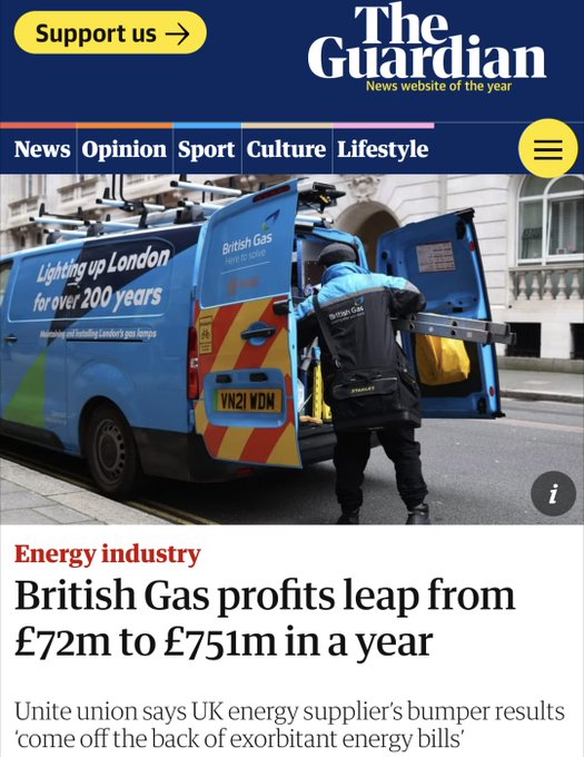 On the day its announced the UK is in recession British Gas profits have rocketed from £72m to £751m in a year. Unregulated corporations are sucking all the money out of the economy That's what is adding fuel to the #RishisRecession