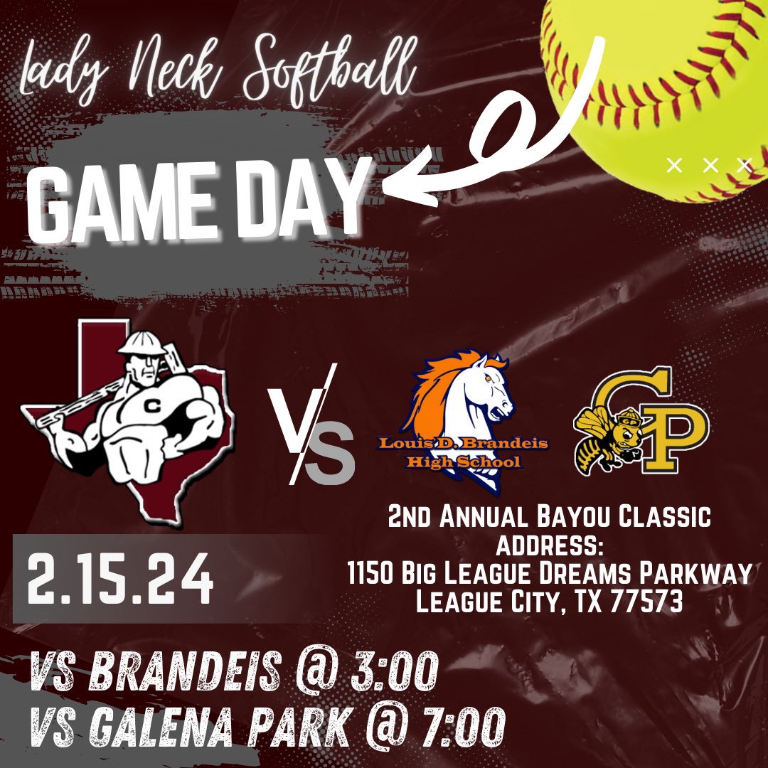 IT’S GAME DAY!!!

Come out and support your Lady Necks in the 2nd Annual Bayou Classic at Big League Dreams in League City today!

Game 1 vs Brandeis @ 3:00pm
Game 2 vs Galena Park @ 7:00pm

<a href="/CHSAthl/">Columbia Athletics - Ride For The ‘C’</a> <a href="/CBISDTx/">Columbia-Brazoria</a>