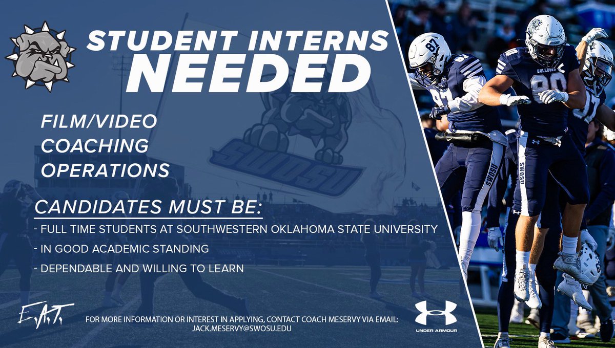 🚨Intern Opportunity🚨 We are looking for student interns this Spring! If you are a current SWOSU student and would like join the Bulldog Football staff, contact Coach Meservy! jack.meservy@swosu.edu #EAT