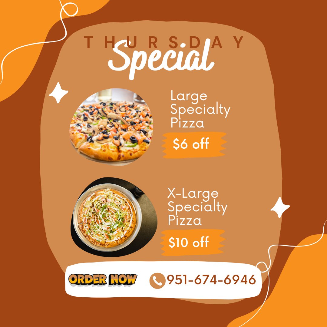 mbpizza1's tweet photo. Good friends and great pizza await you every Thursday at My Buddies Pizza! Treat yourself to a special day with our fantastic offer: Get $6 off on a large specialty pizza or $10 off on an extra-large specialty pizza, all day long! #LakeElsinore #SoCal #inlandempire #pizzas #deals https://t.co/cpMJs60voV