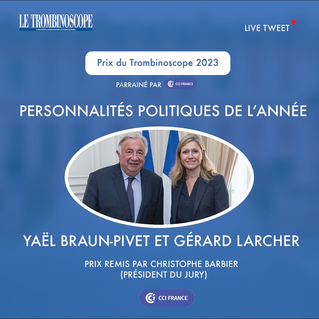 Le Trombinoscope (@letrombinoscope) on Twitter photo #Direct 🔴
#PrixduTrombinoscope 2023
Prix des personnalités politiques de l’année, parrainé par <a href="/ccifrance/">CCI France 🇫🇷🇪🇺</a>
<a href="/YaelBRAUNPIVET/">Yaël Braun-Pivet</a> et <a href="/gerard_larcher/">Gérard Larcher</a>
Prix remis par <a href="/C_Barbier/">Christophe Barbier</a>
#CérémonieduTrombinoscope
<a href="/ccifrance/">CCI France 🇫🇷🇪🇺</a>
<a href="/LCP/">LCP</a>
<a href="/Fepemfr/">Fepem</a>
<a href="/publicsenat/">Public Sénat</a> #Direct 🔴
#PrixduTrombinoscope 2023
Prix des personnalités politiques de l’année, parrainé par <a href="/ccifrance/">CCI France 🇫🇷🇪🇺</a>
<a href="/YaelBRAUNPIVET/">Yaël Braun-Pivet</a> et <a href="/gerard_larcher/">Gérard Larcher</a>
Prix remis par <a href="/C_Barbier/">Christophe Barbier</a>
#CérémonieduTrombinoscope
<a href="/ccifrance/">CCI France 🇫🇷🇪🇺</a>
<a href="/LCP/">LCP</a>
<a href="/Fepemfr/">Fepem</a>
<a href="/publicsenat/">Public Sénat</a>