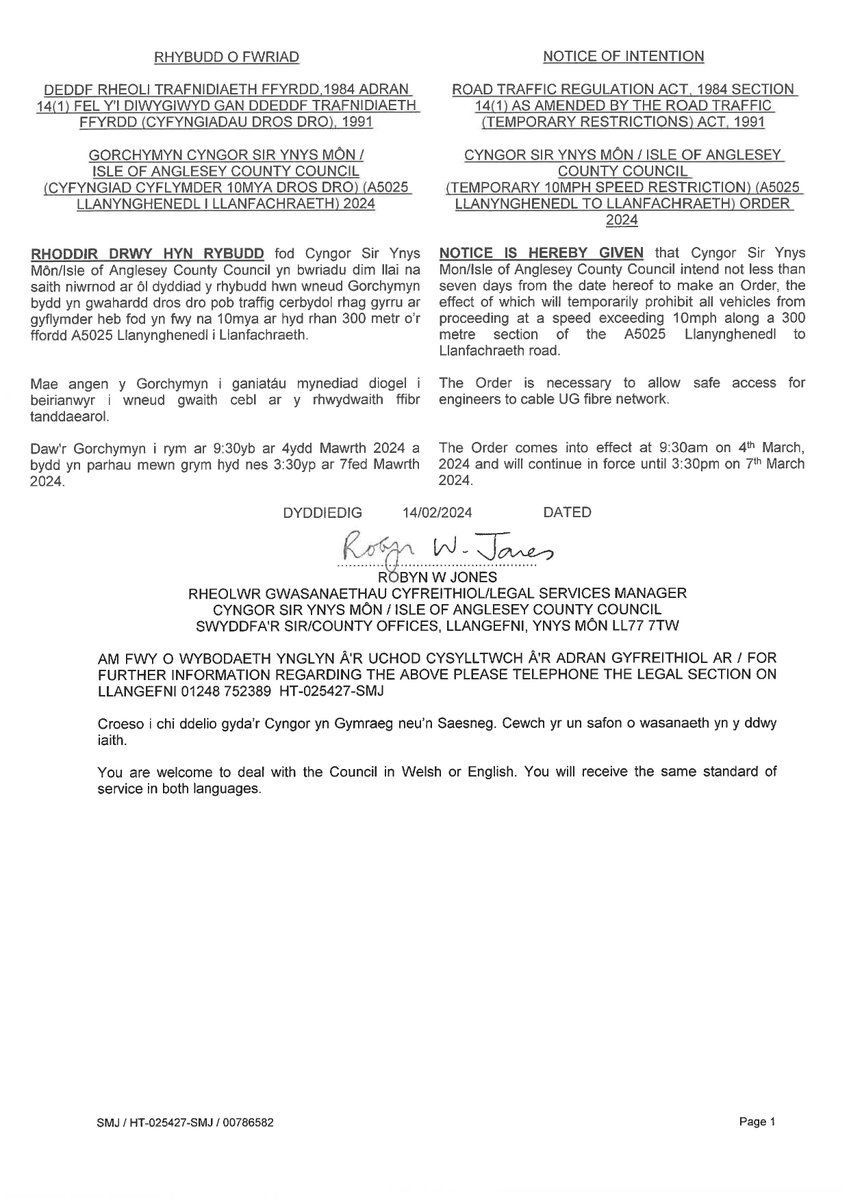 ValleyCommunit1's tweet image. Gorchymyn Cyngor Sir Ynys Môn (Cyfyngiad Cyflymder 10MYA Dros Dro) (A5025 Llanynghenedl i Llanfachraeth) 2024 / Isle of Anglesey County Council (Temporary 10MPH Speed Restriction) (A5025 Llanynghenedl to Llanfachraeth) Order 2024