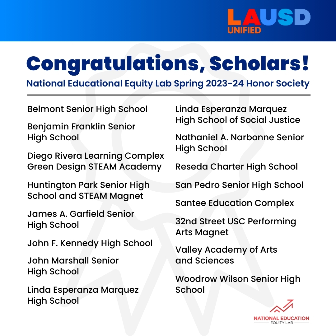 Los Angeles Unified (@laschools) on Twitter photo Hats off to the distinguished top 20% of scholars recognized for participating in dual-credit <a href="/EdEquityLab/">National Education Equity Lab</a> college courses! 81 exceptional <a href="/laschools/">Los Angeles Unified</a> scholars from 16 high schools are demonstrating remarkable skills on a national level and forging paths to promising futures. Hats off to the distinguished top 20% of scholars recognized for participating in dual-credit <a href="/EdEquityLab/">National Education Equity Lab</a> college courses! 81 exceptional <a href="/laschools/">Los Angeles Unified</a> scholars from 16 high schools are demonstrating remarkable skills on a national level and forging paths to promising futures.